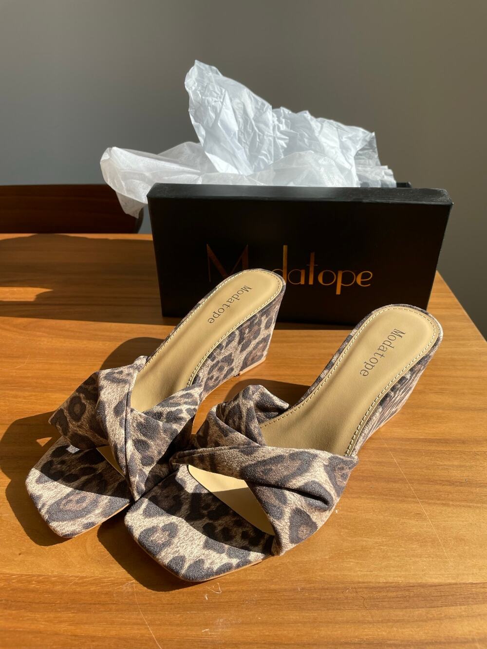 Modatope Size 7.5 Braided Raffia Wedge Sandals Leopard